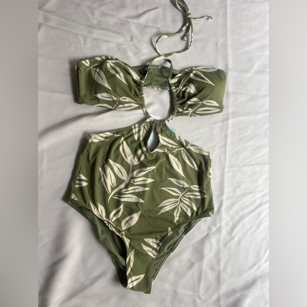 Roxy Green Leaf Print Cutout One Piece Swimsuit
